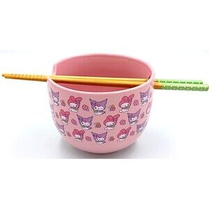 Sanrio KUROMI MY MELODY Ceramic Ramen Noodle Bowl 20oz w/ Chopsticks NEW*